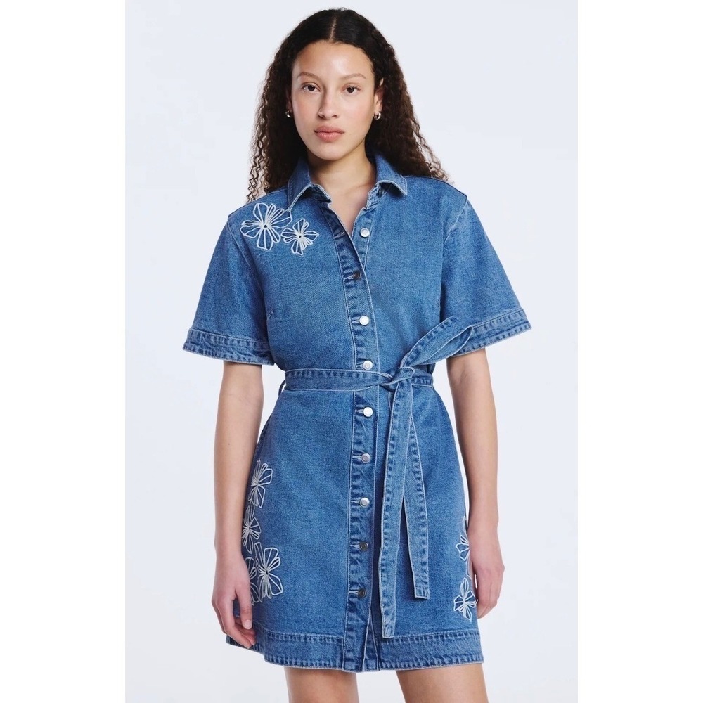 Free Assembly Women's Embroidered Denim Mini Shirtdress Blue XL NWT